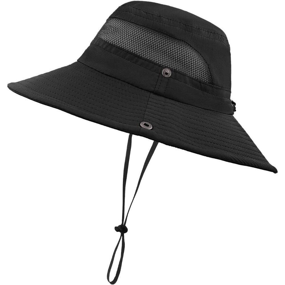 Unisex Black Polyester Wide Brim Mesh Vent With Chin Strap Classic Cowboy Hat